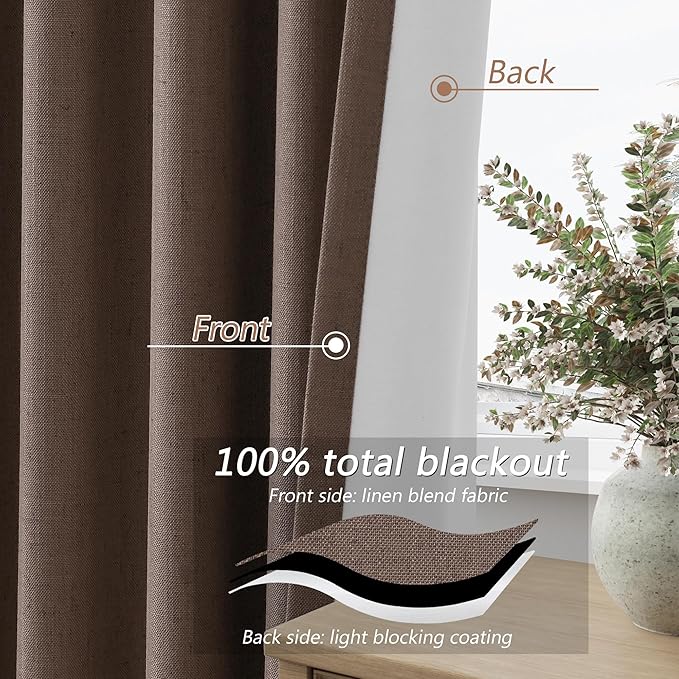 Guken 100% Blackout Curtains 108 Inch Length 2 Panels Set for Living Room Bedroom Back Tab Thermal Insulated Black Out Linen Drapes Room Darkening Mocha Mousse,52x108