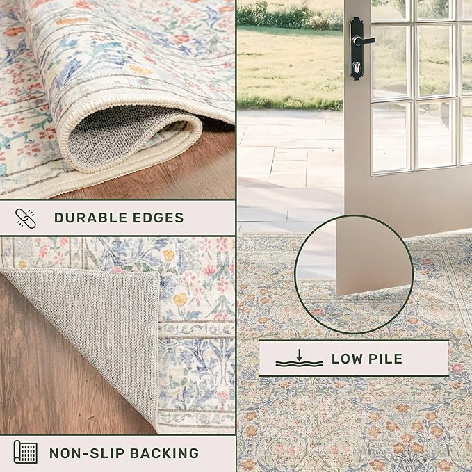 Hazo Haus Washable Bathroom Runner Rug 2x6 - Long Runner Rugs for Laundry Room, Bedroom, 24 x 72 Kitchen Floor Mat - Non Slip Vintage Design Décor, Beige Blue