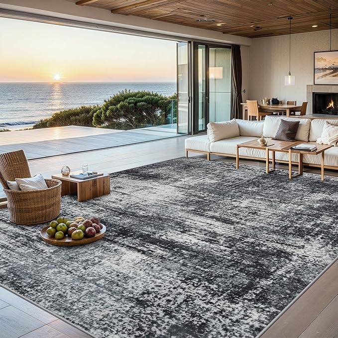 Area Rugs Living Room Rug - 4x6 Washable Modern Abstract Soft Neutral Non-Slip Carpet Large Indoor Floor Thin Carpets for Bedroom Dining Room Farmhouse Nursery Home Office Dark Black