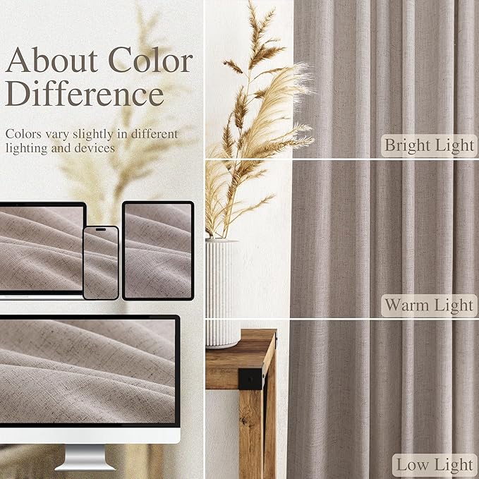 Brownish Grey Linen Curtains 120 Inch Extra Long for Living Room Back Tab Light Filtering Semi Sheer Drapes Modern Farmhouse Boho Cotton Textured Curtain for Floor to Ceiling High Window 52x120