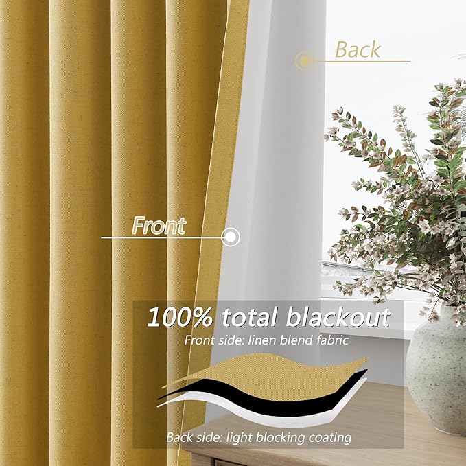 Guken 100% Blackout Curtains 90 Inch Length 2 Panels Set for Living Room Bedroom Back Tab Thermal Insulated Black Out Linen Drapes Room Darkening Window Curtains 90 Inches Long,Gold