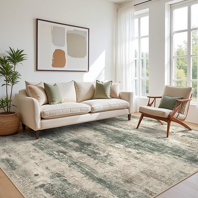 BEIMO Area Rugs 9x12 for Living Room Bedroom, Modern Abstract Machine Washable Rug, Large Soft Low Pile Floor Cover with Non Slip Backing for Dining Room, Grey/Dark Green