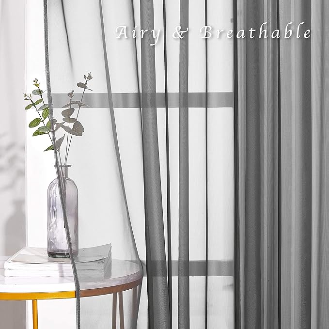 NICETOWN Dark Grey Sheer Curtains 90 inches Long 2 Panels, Grommet Top Soft Voile Sheer Airy & Lightweight Window Treatment for Boys Room/Living Room, W54 x L90