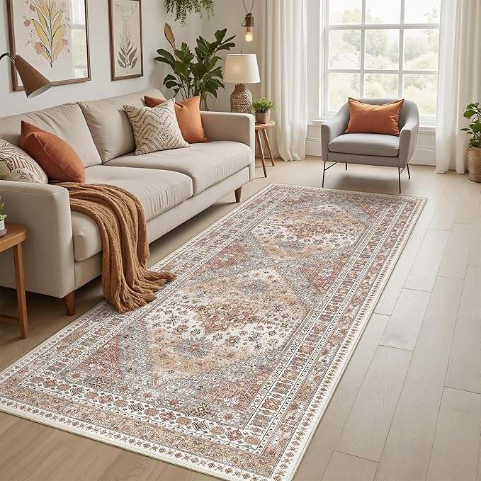 3x8 Runner Rug Non Slip Washable for Entryway, Front Porch, Vintage Hallway Runner for Laundry Room, Bedroom, Stain Resistant Thin Indoor Kitchen Mats for Floor(Orange,3'x8')