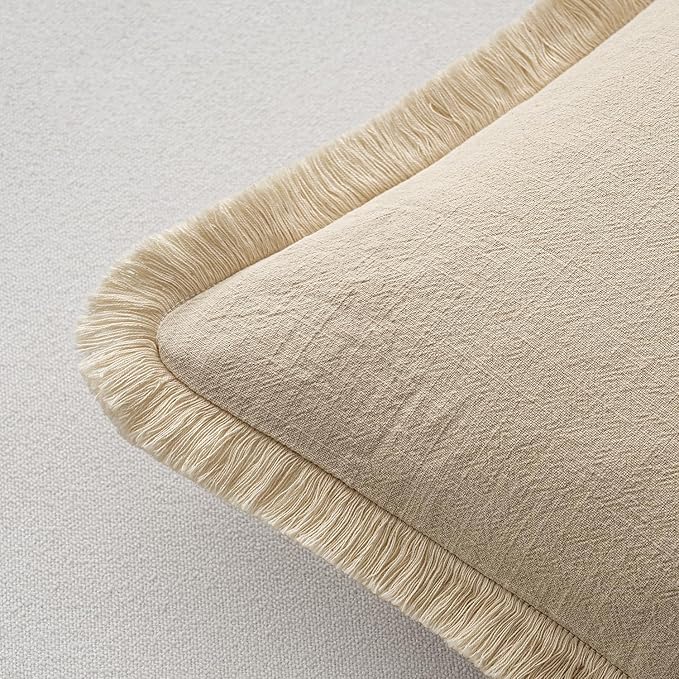 MIULEE Decorative Lumbar Throw Pillow Covers Neutral Linen Fringe Throw Pillows Set of 2 Beige Boho Farmhouse Cushion Covers with Tassels for Couch Sofa Bed Living Room Spring Home Decor 12x20 Inch