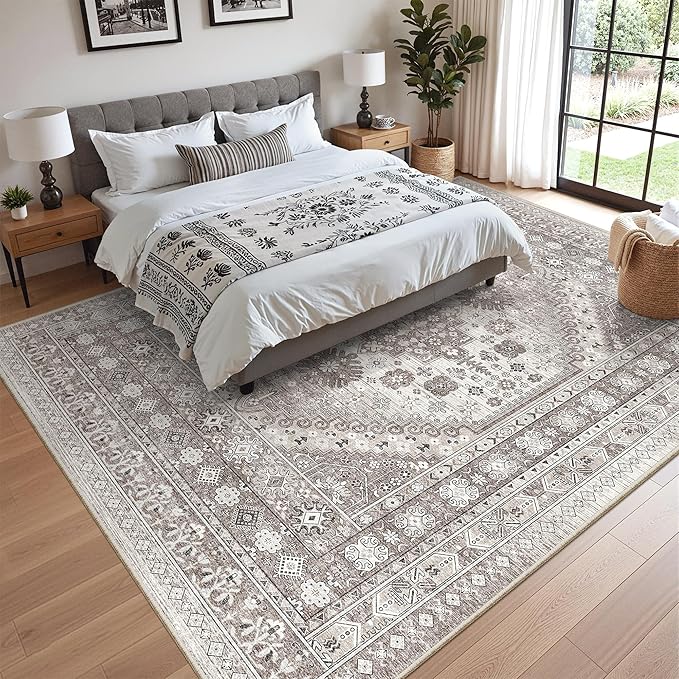 zesthome 8x12 Area Rugs,Stain Resistant Washable Rug,Ultra-Thin Rugs for Living Room,Bedroom,Non-Slip Backing Home Decor Large Area Rug (Brown/Beige,8'x12')