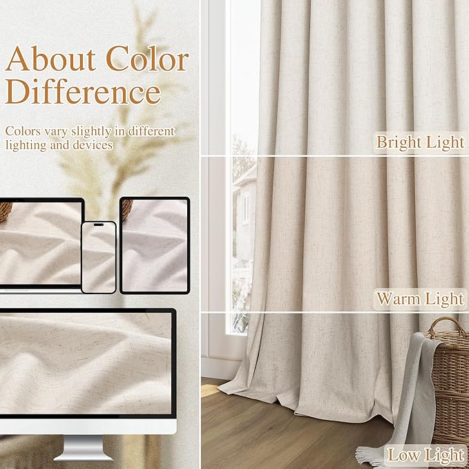Guken 100% Blackout Linen Curtains 80 Inch Length 2 Panels Set for Living Room Bedroom Back Tab Thermal Insulated Black Out Drapes Room Darkening Farmhouse Style for Bedroom Window Curtains 40 Wide