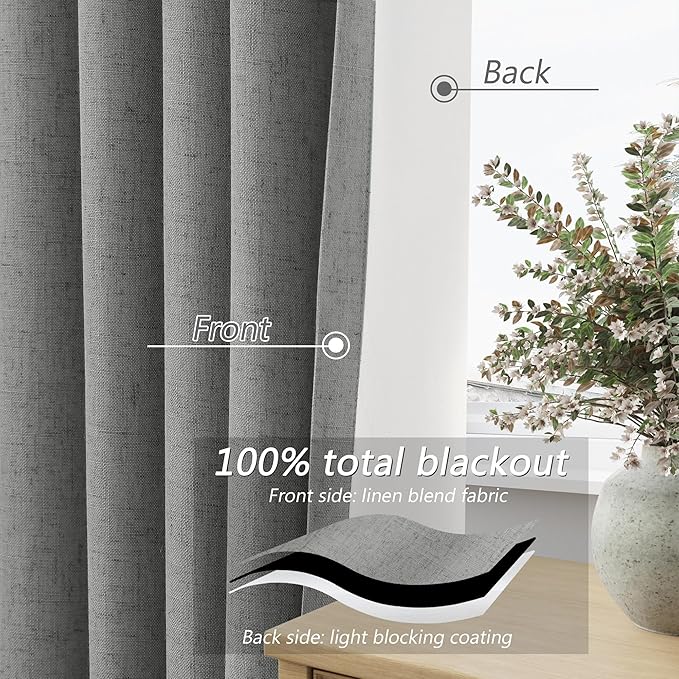 Guken Dark Grey 100% Blackout Linen Curtains 90 Inch Length 2 Panels Set for Living Room Back Tab Thermal Insulated Black Out Drapes Room Darkening Farmhouse Style for Bedroom Window Curtains