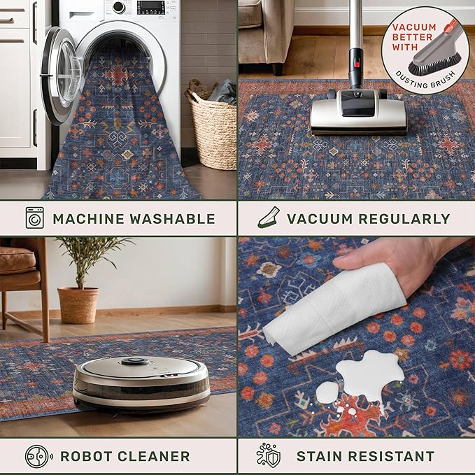 Washable 10 ft Long Runner for Hallway - Navy Blue Kitchen Floor Runner Rug, Pet Friendly Waterproof Non Slip with Rubber Backing, Stain Resistant Laundry Room Rug (3x10 Navy Blue & Terracotta)