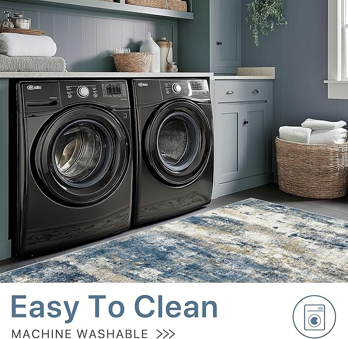 BEIMO Machine Washable Rug 8x10 Area Rugs for Living Room Bedroom, Large Navy Blue Beige Abstract Area Rug Soft Throw Rugs, Low-Pile Floor Carpet with Non Slip Rubber Backing