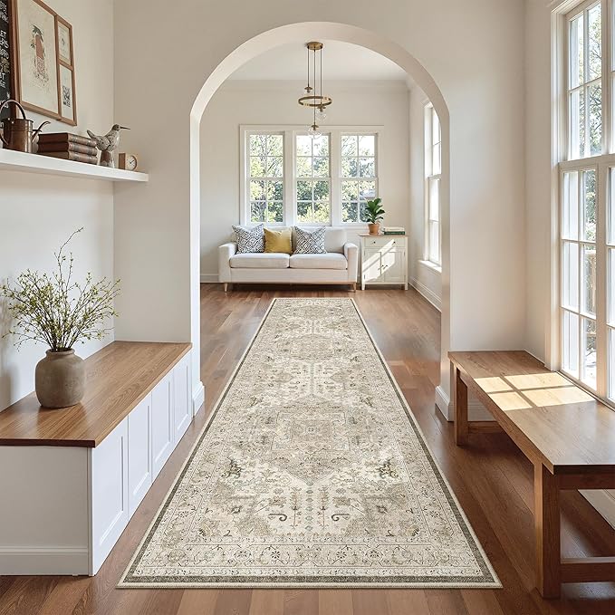 Madane Hallway Runner Rug 2'6''x10' Kitchen Runner, Non Slip Vintage Runners for Hallways Washable Kitchen Rugs Soft Low Pile 2.5x10 ft Rug Runner for Laundry Room, Entryway and Bedroom, Ivory/Brown