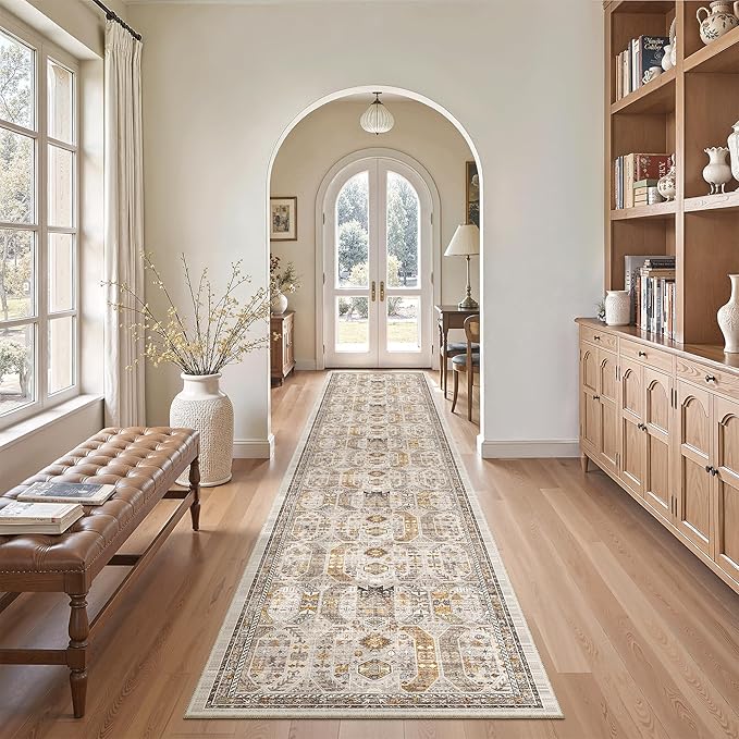 Madane Hallway Runner Rug 2x12, Extra Long Washable Runner Rugs with Rubber Backing, Non Slip Carpet Runner, Vintage Rug Runners for Kitchen Laundry Room Entryway (Brown/Gold, 2'x12')