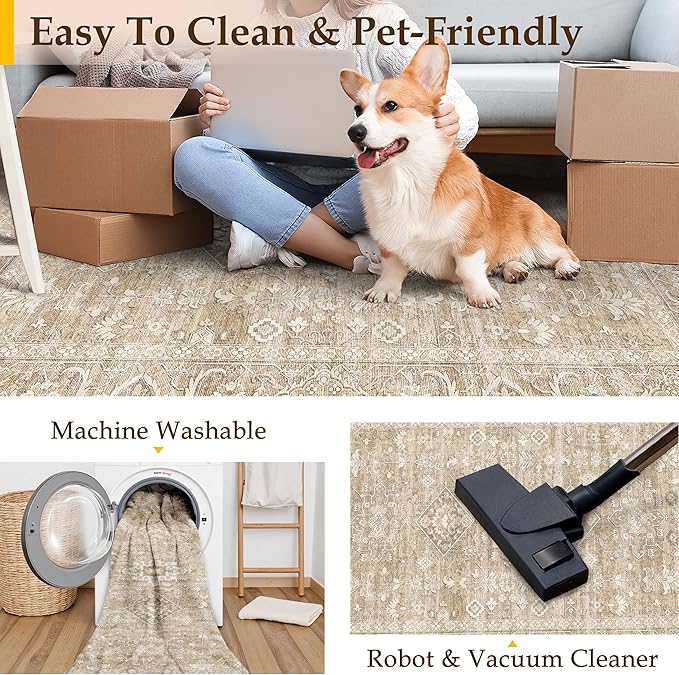 6x9 Washable Area Rug for Living Room Bedroom Vintage Beige Carpet Soft Low Pile Traditional Retro Non Slip Throw Rug for Dining Room Entryway Indoor Dorm Kitchen