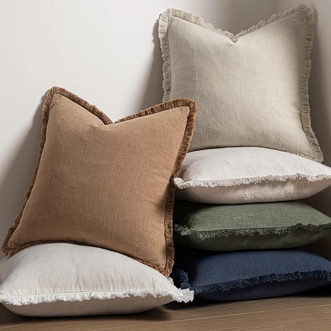 MIULEE Decorative Throw Pillow Covers Neutral Linen Fringe Throw Pillows Euro Shams Set of 2 Light Olive Green Boho Farmhouse Cushions for Couch Sofa Bed Living Room Spring Home Decor 22x22 Inch