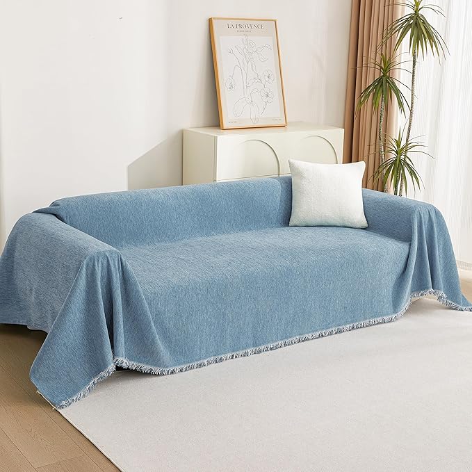 MYSKY HOME Chenille Couch Cover, Sofa Slipcover for 1-2 Cushion Sectional Couch, Machine Washable Soft Furniture Protector with Tassels, Futon Sofa Covers, Throw for Dogs, Kids, 71" x 102", Blue