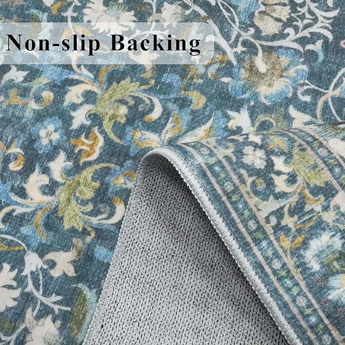 2x5 Decorative Vintage Hallway Runner: Washable Oriental Pet-Friendly Soft Carpet for Bathroom Bedroom Non-Slip Laudry Floor Mat - Low Pile Non-Shedding Rug for Apartments & Homes(2x5,Floral/Blue)