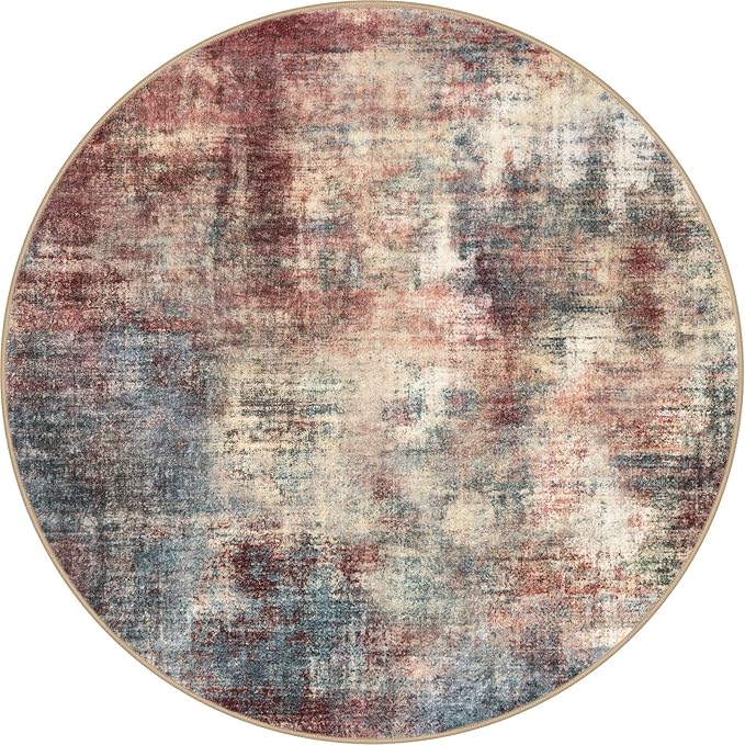 IOHOUZE Abstract Round Area Rug 8 Ft Washable Circle Rugs Large Round Rug Non Slip Thin Soft Circle Rugs, Printed Faux Wool Floor Carpet for Bedroom Living Room Dining Room Nursery, Red/Multi