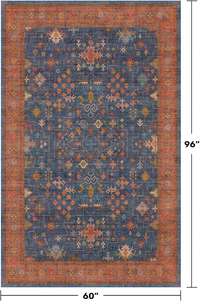 Hazo Haus Dark Blue & Terracotta 5x8 Living Room Rug - Machine Washable Area Rugs for Bedroom, Dining Room, Kitchen Floor, Small Office, Low Pile Non-Slip Rubber Backing & Stain Resistance