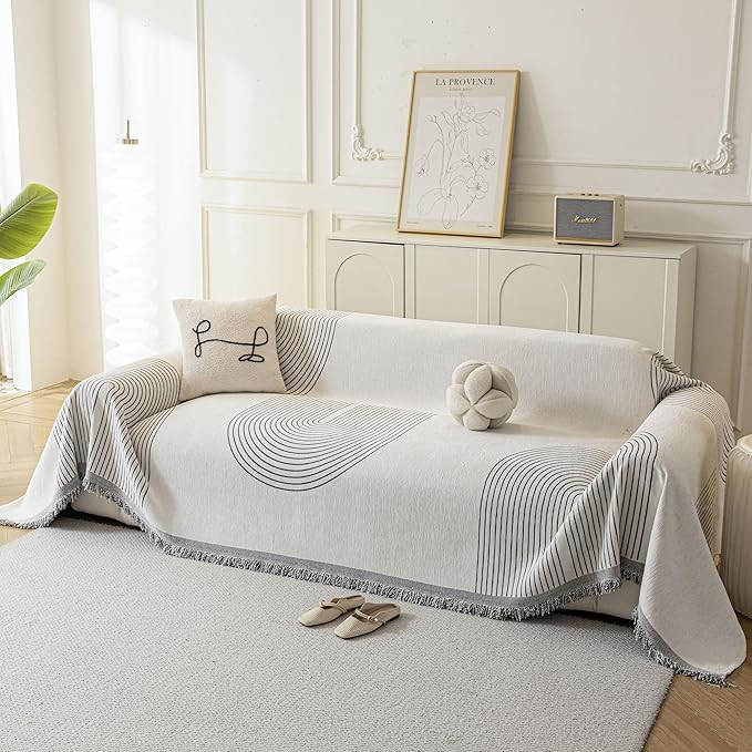 Couch Cover for Dogs, Boho Sofa Covers for 3 Cushion Couch, Chenille Sofa Slipcover for Pets Washable, L-Shape Sectional Couch Loveseat Cover Soft Throw Blankets with Tassels(91x134,Arc Grey)