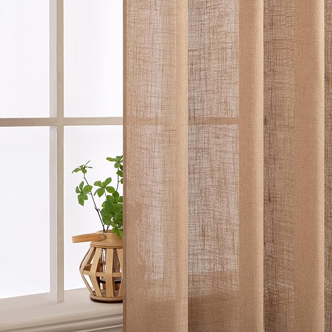 MIULEE Light Brown Linen Curtains 63 Inch Length 2 Panels for Bedroom Living Room, Soft Thick Linen Textured Kitchen Window Drapes Semi Sheer Light Filtering Back Tab Rod Pocket Burlap Look Decor