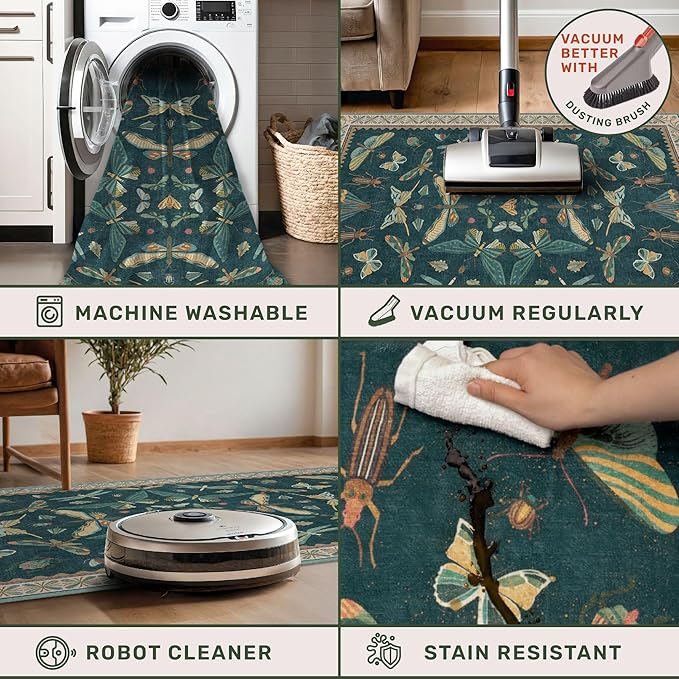 Hazo Haus Emerald Green Entry Rugs for Inside House - 2x4 Kitchen Rugs Non Slip for Bathroom, Powder Room, Vintage Unique Colorful Décor, Washable Stain & Fade Resistant