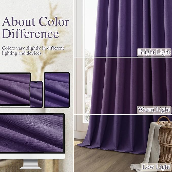 Guken New Purple 100% Blackout Linen Curtains 96 Inch Length 2 Panels Set for Living Room Bedroom Back Tab/Rod Pocket Thermal Insulated Farmhouse Black Out Drapes Room Darkening,52x96