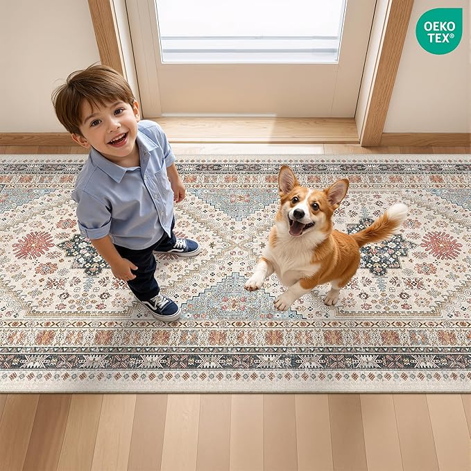 Hallway Runner Rug 2x12, Extra Long Washable Runner Rugs with Rubber Backing, Non Slip Runner, Vintage Rug Runners for Kitchen Laundry Room Entryway (Blue/Red/Multi,2'x12')
