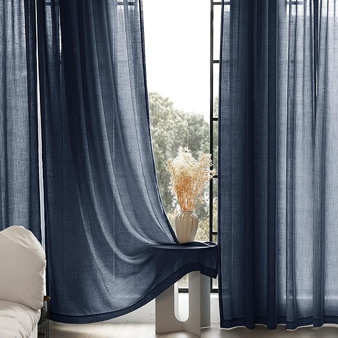 Navy Blue Curtains for Living Room Back Tab Modern Farmhouse Semi Sheer Blue Curtains 72 inches Long 2 Panels Set Muted Neutral Window Curtain for Dining Room Bedroom 60x72