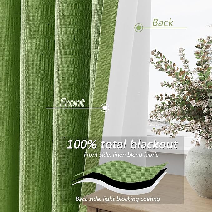 Guken 100% Blackout Curtains 102 Inch Length 2 Panels Set for Living Room Bedroom Back Tab Thermal Insulated Black Out Linen Drapes Room Darkening Lime Green,52x102