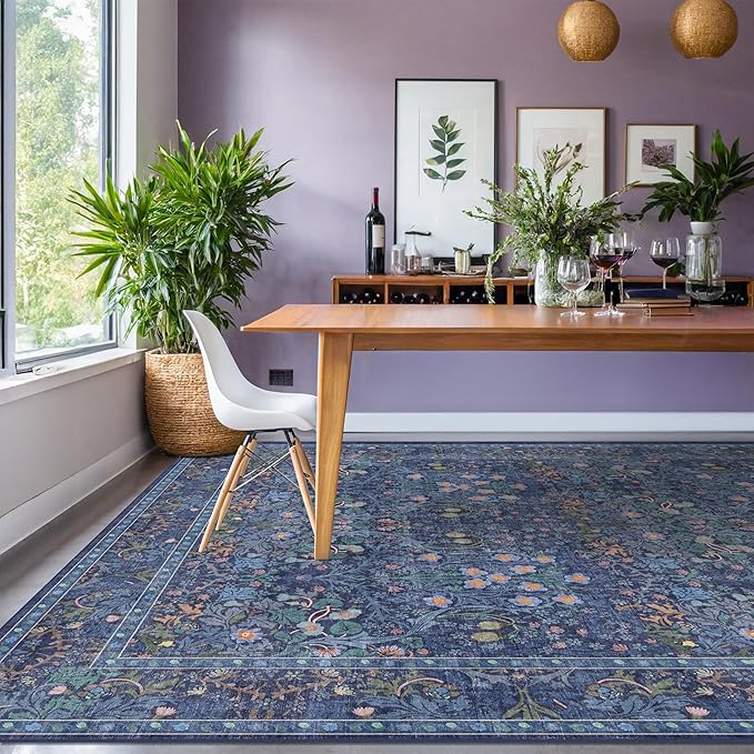 Hazo Haus Vintage Dark Blue Living Room Rug, 7x10 Washable Large Area Rugs for Bedroom, Dining Room Rugs Under Kitchen Table, Oriental Navy Blue Low Pile Stain Resistant Non-Slip