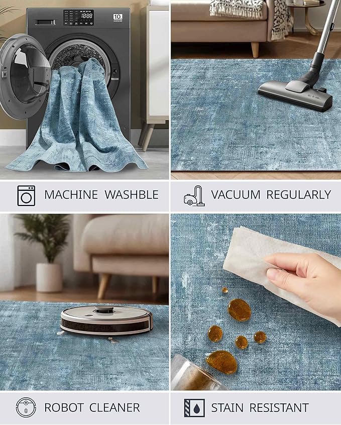 Latte&Fog 9x12 Area Rug for Living Room, Extra Large Blue Modern Abstract Washable Rugs, Boho Non Slip Low Pile Carpet for Indoor Bedroom Dining Room, Office, Dorm, Classroom and Farmhouse - Blue