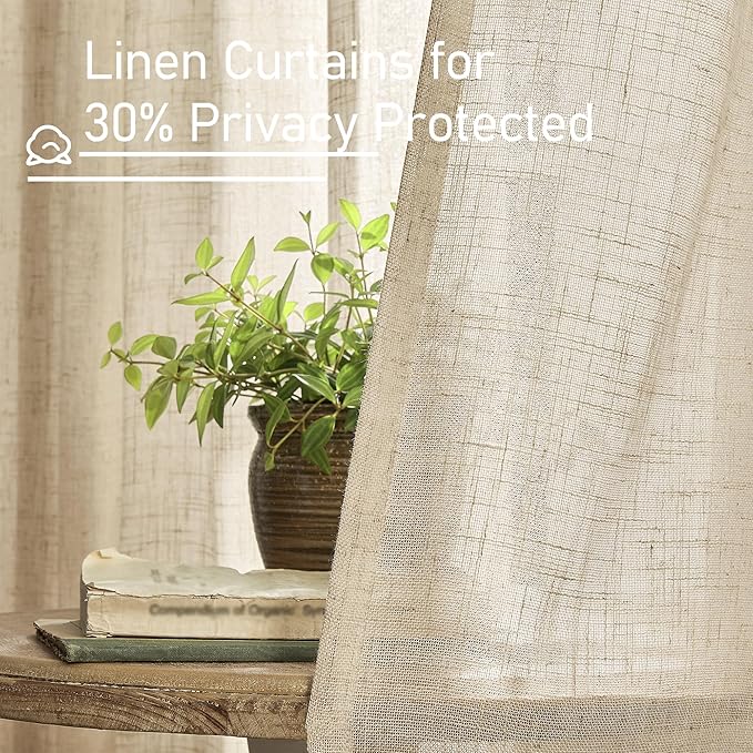 LAMIT Semi Sheer Linen Curtains 36 Inch Length for Cafe, Light Filtering Panels Back Tab and Rod Pocket Neutral Drapes for Bathroom/Kitchen/Loft Room, 25 x 36 Inch, Brown, 2 Panels