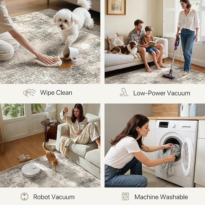 Area Rugs 6x9 for Living Room Bedroom, Modern Abstract Machine Washable Rug, Large Soft Low Pile Floor Carpet with Non Slip Backing for Dining Room, Grey