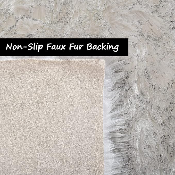 Goolela Round Sheepskin Area Rug 6ft Fluffy Circle Faux Fur Rug for Bedroom Living Room Furry Fuzzy Plush Washable - White with Grey Tips