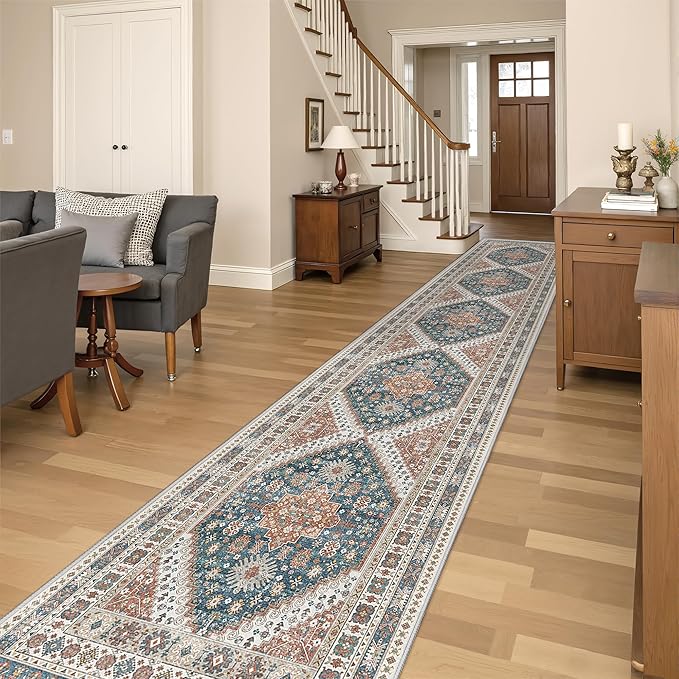 Washable Runner Rug 2.5x16, Non-Slip Long Kitchen Mats for Floor, Vintage Rug for Entryway, Soft Hallway Runner for Dining Room, Bedroom, Living Room(Blue/Red,2.5'x16')