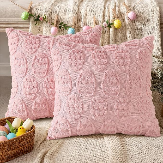 decorUhome Easter Pink Egg Pillow Covers 16x16 Inch Set of 2, Soft Plush Faux Wool Jacquard Cushion Covers, Farmhouse Neutral Fuzzy Spring Easter Holiday Decor for Couch Sofa Bed