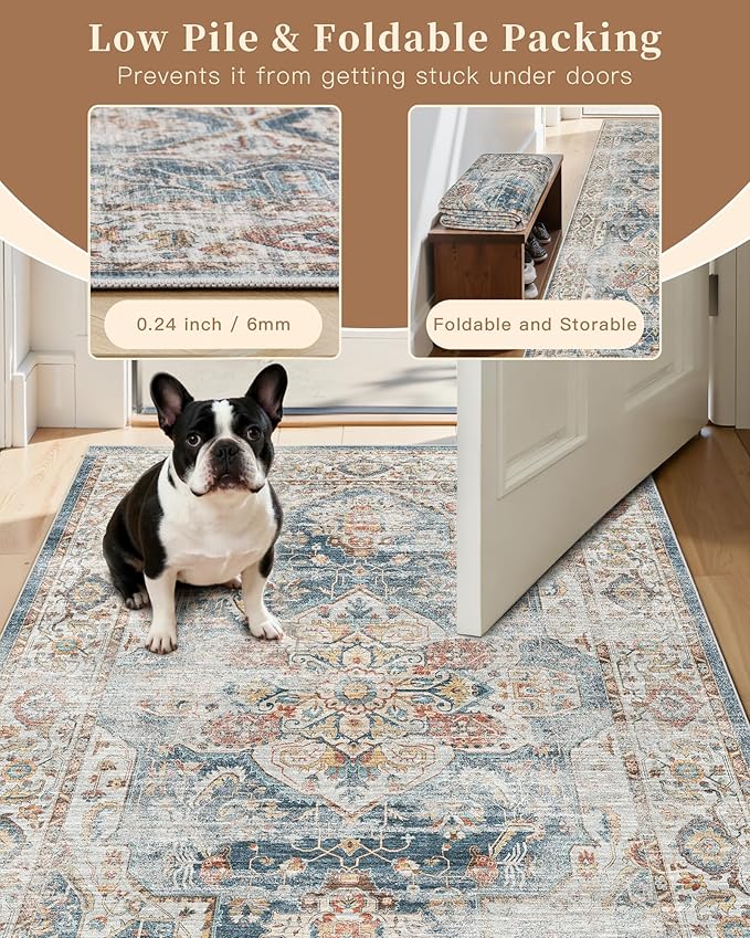 Madane Washable Area Rug 2x3, Small Entryway Rug Non-Slip Vintage Door Mat Indoor Entrance, Low Pile Floor Carpet for Inside Front Door Bedroom Kitchen Entry Laundry (2'x3', Navy)