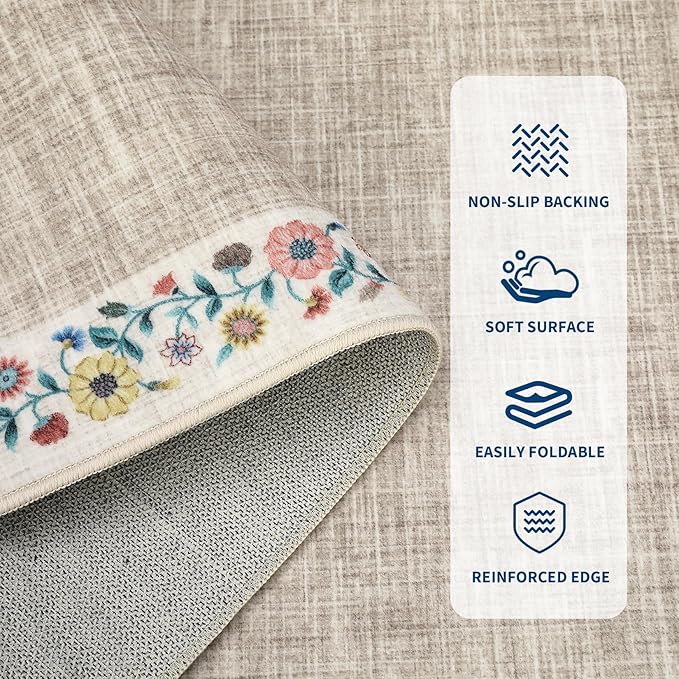 GarveeHome Entryway Rug 2x6 Modern Bordered Runner Rug Washable Kitchen Runners for Hallway Non-Slip Low-Pile Soft Carpet Floral Print Bathroom Mat for Bedroom Laundry Room, Light Camel
