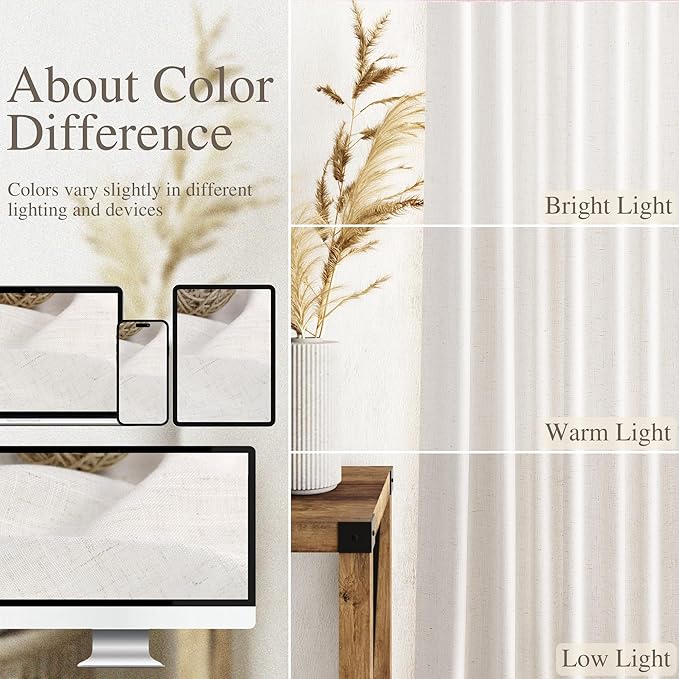 Nanspring Ivory White Linen Curtains 63 Inches Long for Living Room Back Tab Pocket Natural Light Filtering Privacy Translucent Ivory White Cotton Texture 52X63, 2 Panels