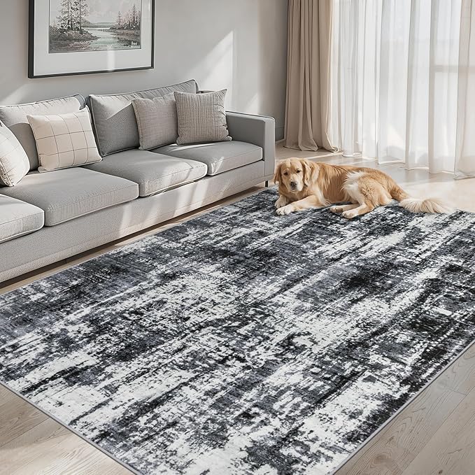 Area Rugs 9x12 Living Room - Washable Rug Modern Abstract Soft Large Neutral Non-Slip Carpet Indoor Floor Thin Carpets for Bedroom Dining Room Farmhouse Nursery Home Office Black