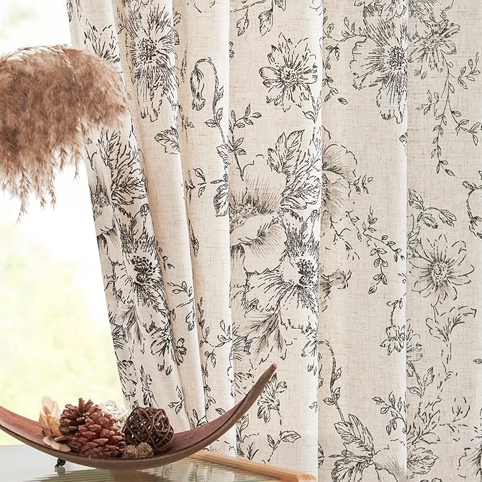 jinchan Linen Floral Curtains 96 Inch Length for Living Room Bedroom Light Filtering Farmhouse Peony Flower Drapes Rustic Window Curtain Set Rod Pocket Back Tab 2 Panels Black