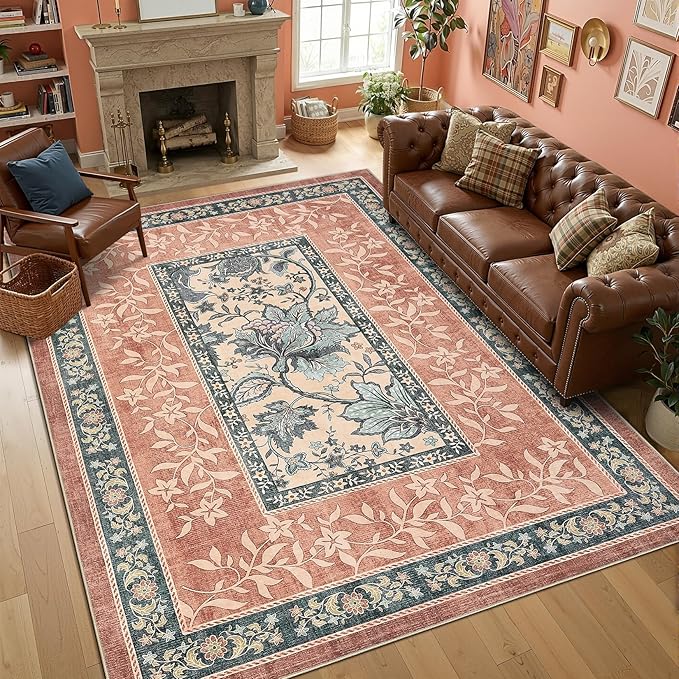 GarveeHome Terracotta Teal Area Rugs 9x12 Living Room, Botanical Grove Cottage core Washable Non-Slip Rug for Bedroom Dining Nursery Low-Pile Vintage Large Soft Carpet