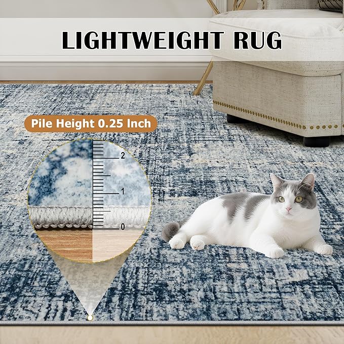 10x14 Area Rugs for Living Room Washable Rug: Anti-Skid Abstract Modern Living Room Rug Soft Thin Carpets Indoor Floor Non-Shedding Carpet for Bedroom Dining Farmhouse Nursery Home Office Blue Gold