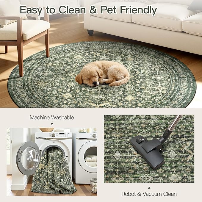 Lofus 6ft Area Rugs for Living Room, Green Washable Area Rug with Non-Slip Backing,Soft Boho Carpets for Bedroom Dining Room Home Office Indoor Nursery