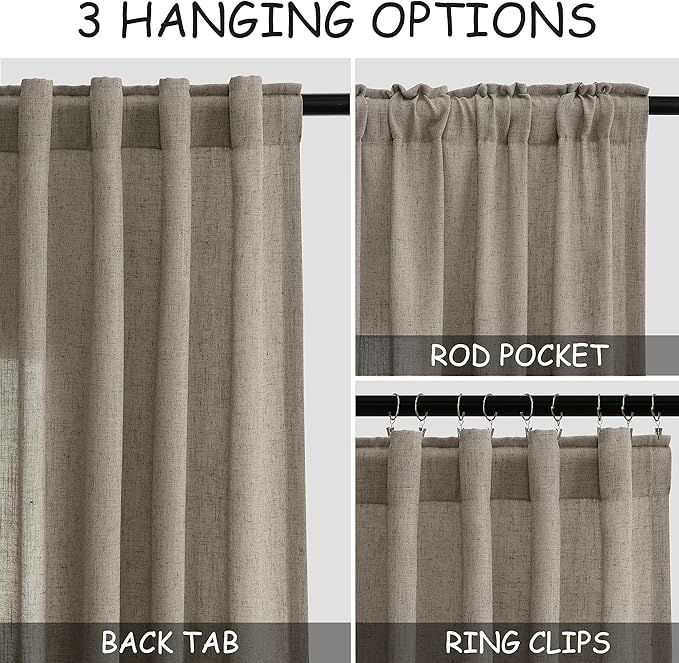 Mocha Linen Curtains 96 Inches Long for Living Room Rod Back Tab Vintage Rustic Farmhouse Light Filtering Curtain Burlap Textured Linen Drapes 96 Inch Length for Dinning Room Bedroom 52x96 8 FT