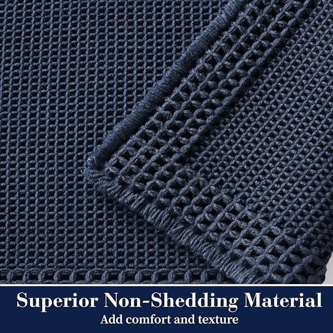 RESARE Waffle Bath Mat, Super Absorbent Non Slip, Machine Washable, Ultra Soft Boho Bath Rugs with Tassels, Upgraded Bordered Design, 17"x24" Navy