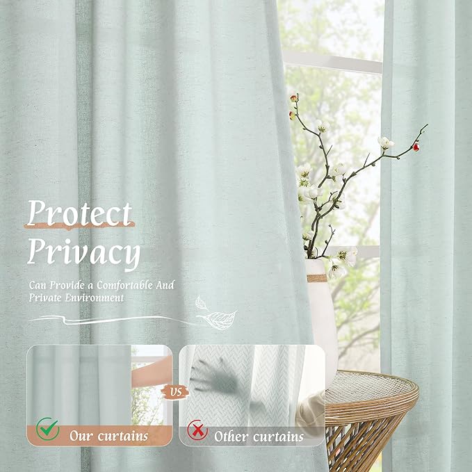 LAMIT Linen Sheer Curtains 84 inch for Living Room, Linen Textured Light Filtering Drapes Rod Pocket Boho Privacy Panels for Farmhouse/Bedroom, 2 Panels, 52 x 84 Inch, Light Blue