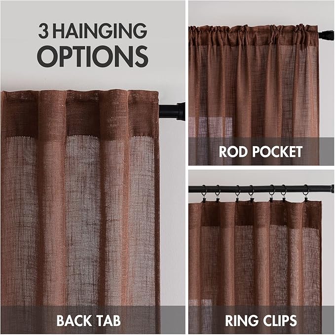 MIULEE Chocolate Brown Linen Curtains 84 Inch Length for Bedroom Living Room, Soft Thick Linen Textured Window Drapes Semi Sheer Light Filtering Back Tab Rod Pocket Burlap Look Decor, 2 Panels