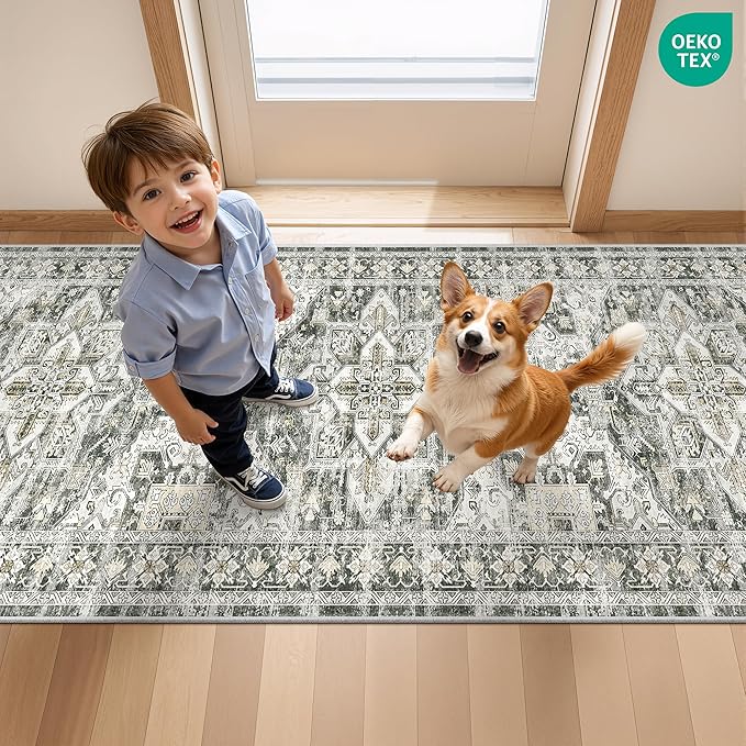 Runner Rug 2x10, Ultra-Thin Kitchen Rugs Non Slip Washable Rugs for Entryway Rug, Kitchen Runner Low Pile Vintage Soft Carpets for Living Room, Bathroom Bedroom (Grey/Beige,2'x10')