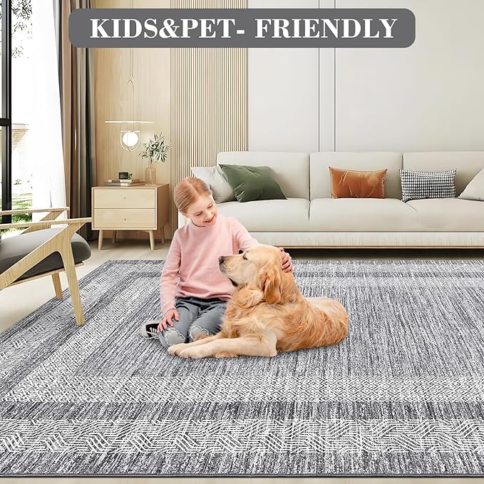 GarveeHome Modern Geometric Area Rug 2x3 Distressed Bordered Washable Non Slip Floor Small Carpet Non Shedding Thin Soft Low Pile Rug, Contemporary Gray Rug for Dining Room, Living Room
